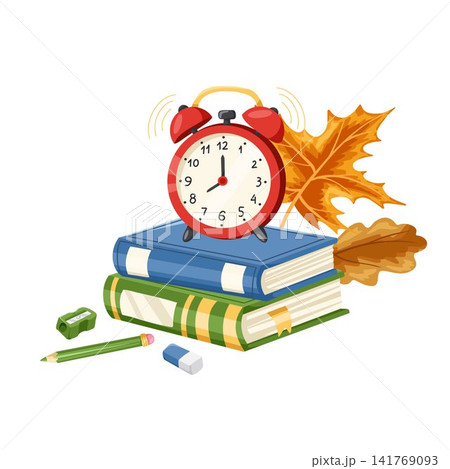 Back to school composition with books, alarm clock, autumn leaves and school stationery supplies. Cute hand drawn vector illustration isolated on background for education and study design. 141769093
