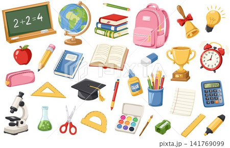 Set of school supplies and education objects with books, globe, backpack, microscope, ruler, pencil, stationery. Cartoon hand drawn vector illustrations for classroom, stickers, study, academic design 141769099