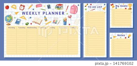 Weekly planner set with to do list, goals and notes templates. School supplies and stationery on notebook paper background. Education organizer for students, teachers. Vector hand drawn illustration Weekly planner set with to do list, goals and notes templates. School supplies and stationery on notebook paper background. Education organizer for students, teachers. Vector hand drawn illustration 141769102