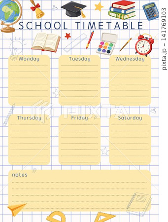 Back to school weekly timetable with notes. Doodle supplies, stationery on checkered notebook paper. Vector hand drawn vertical cartoon illustration. Education organizer for students, teachers. Back to school weekly timetable with notes. Doodle supplies, stationery on checkered notebook paper. Vector hand drawn vertical cartoon illustration. Education organizer for students, teachers. 141769103
