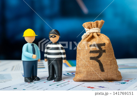 Construction engineer and criminal and indian rupee money bag. Bribery and bribery of a safety inspector. Money laundering. Corruption and bureaucracy. Illegal activity in the construction industry. Construction engineer and criminal and indian rupee money bag. Bribery and bribery of a safety inspector. Money laundering. Corruption and bureaucracy. Illegal activity in the construction industry. 141769151