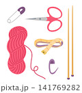 Knitting tools and supplies vector illustration set. Vibrant pink wool yarn hank, embroidery scissors, safety pin, knitting needles, stitch marker, measuring tape isolated on white background 141769282