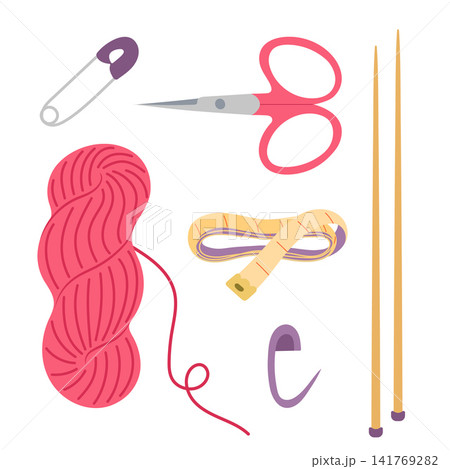 Knitting tools and supplies vector illustration set. Vibrant pink wool yarn hank, embroidery scissors, safety pin, knitting needles, stitch marker, measuring tape isolated on white background 141769282