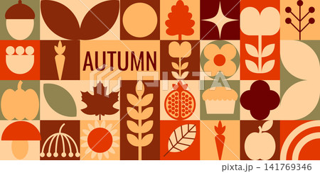 Autumn Harvest Geometric Mosaic Banner Illustration Autumn Harvest Geometric Mosaic Banner Illustration 141769346