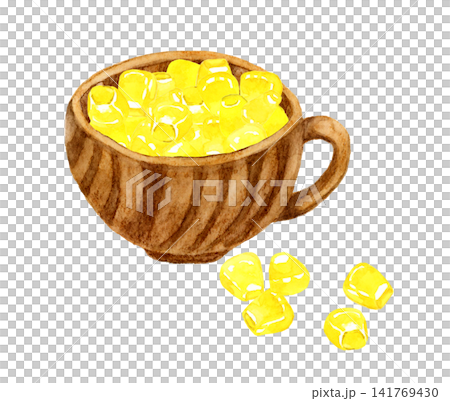 Corn kernels in a soup cup - Hand-drawn watercolor illustration. Corn kernels in a soup cup - Hand-drawn watercolor illustration. 141769430