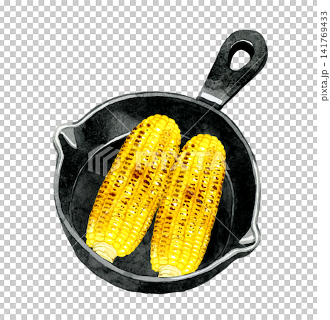 Grilled corn cooked in a skillet - Hand-drawn watercolor illustration material Grilled corn cooked in a skillet - Hand-drawn watercolor illustration material 141769433