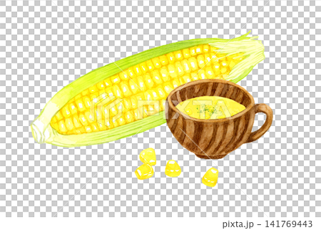 コーンスープとトウモロコシのセット 手描き水彩イラスト素材 コーンスープとトウモロコシのセット 手描き水彩イラスト素材 141769443