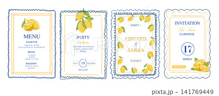 Mediterranean cards template design with lemons and whimsical frames. Mediterranean cards template design with lemons and whimsical frames. 141769449