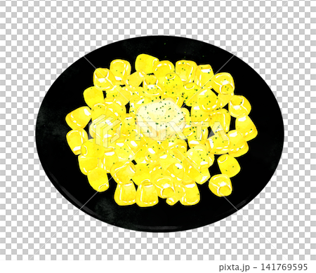 Corn butter (sautéed corn in butter) served on a plate - Hand-drawn watercolor illustration material Corn butter (sautéed corn in butter) served on a plate - Hand-drawn watercolor illustration material 141769595