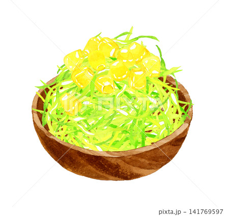 木製の器に盛り付けたキャベツの千切りとコーン　手描き水彩イラスト素材 141769597