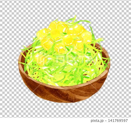 Shredded cabbage and corn served in a wooden bowl - Hand-drawn watercolor illustration. Shredded cabbage and corn served in a wooden bowl - Hand-drawn watercolor illustration. 141769597