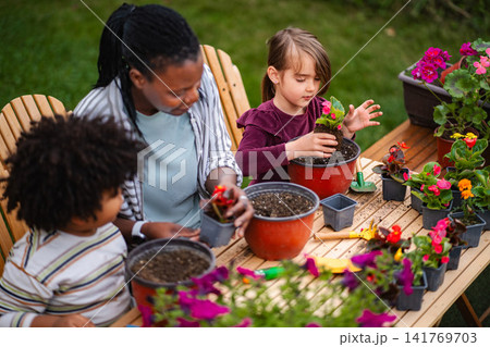 Mother and children gardening together planting flowers outdoors Mother and children gardening together planting flowers outdoors 141769703
