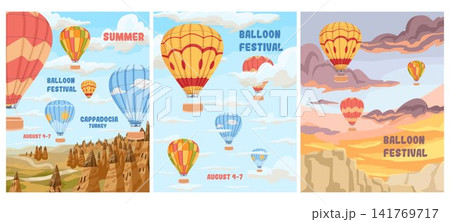 Hot air balloon festival poster collection with balloons over famous travel destinations. Cartoon hand drawn vector illustration set for tourism advertising, aviation events and vacation promotions 141769717