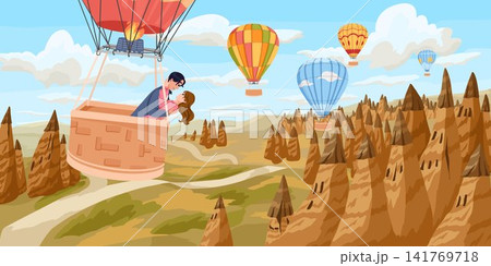 Hot air balloon flight above Cappadocia mountains with happy couple in basket among clouds and fairy chimneys. Cartoon hand drawn vector illustration for vacation poster and travel design Hot air balloon flight above Cappadocia mountains with happy couple in basket among clouds and fairy chimneys. Cartoon hand drawn vector illustration for vacation poster and travel design 141769718
