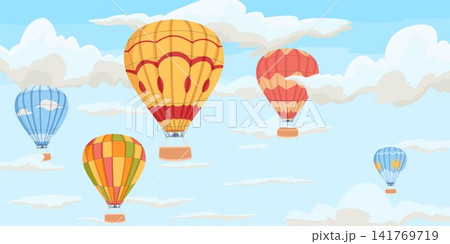 Hot air balloon festival in scenic mountain landscape with colorful aerostats in sky. Cartoon hand drawn vector illustration for tourism advertising, postcard, web and travel design Hot air balloon festival in scenic mountain landscape with colorful aerostats in sky. Cartoon hand drawn vector illustration for tourism advertising, postcard, web and travel design 141769719