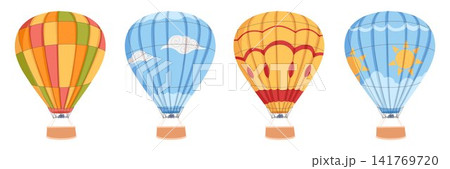 Hot air balloons collection isolated on white background. Cartoon hand drawn vector illustration set. Aviation clipart for travel design, tourism branding, summer adventure and vacation posters 141769720