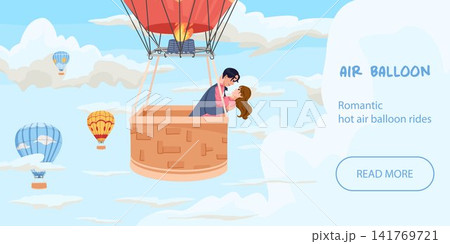 Hot air balloon ride with romantic couple flying in cloudy sky. Cartoon hand drawn vector illustration. Love travel banner, honeymoon poster and tourism vacation background 141769721