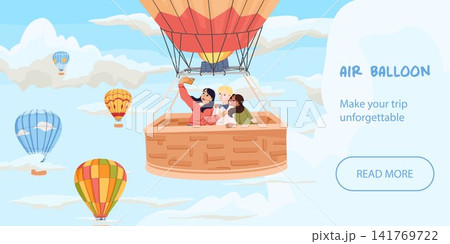 Hot air balloon flight with happy friends taking selfie in sky. Cartoon hand drawn vector illustration. Summer adventure, tourism banner, vacation poster and friendship background Hot air balloon flight with happy friends taking selfie in sky. Cartoon hand drawn vector illustration. Summer adventure, tourism banner, vacation poster and friendship background 141769722