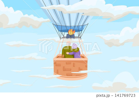 Hot air balloon flight with elderly couple embracing above clouds. Cartoon hand drawn vector illustration. Senior travel, retirement vacation and romantic tourism background Hot air balloon flight with elderly couple embracing above clouds. Cartoon hand drawn vector illustration. Senior travel, retirement vacation and romantic tourism background 141769723