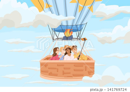 Group of friends flying in hot air balloon basket and making selfie photo in sky. Cartoon hand drawn vector illustration for holiday advertising and tourism design 141769724