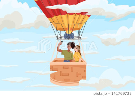 Girls traveling in hot air balloon basket above clouds and making selfie photo. Cartoon hand drawn vector illustration for holiday postcard, tourism advertising and travel design 141769725