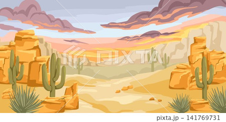 Rocky desert panorama with cactus plants and colorful evening clouds. Cartoon hand drawn vector illustration for tourism poster, road trip and adventure design Rocky desert panorama with cactus plants and colorful evening clouds. Cartoon hand drawn vector illustration for tourism poster, road trip and adventure design 141769731