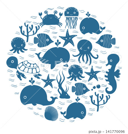 Cute blue cartoon sea animals in circle for baby designs, kids invitations and summer greeting cards Cute blue cartoon sea animals in circle for baby designs, kids invitations and summer greeting cards 141770096