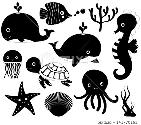 Black and white vector icons of sea animals in flat style Black and white vector icons of sea animals in flat style 141770163