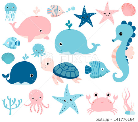 Cute ocean set with sea creatures for girls and boys summer baby shower and birthday designs Cute ocean set with sea creatures for girls and boys summer baby shower and birthday designs 141770164