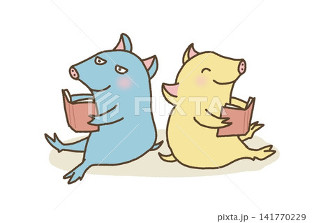 背中合わせに本を読む2匹のこぶたのイラスト 背中合わせに本を読む2匹のこぶたのイラスト 141770229