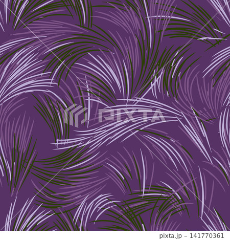 Seamless abstract pattern of curved organic feathers in green and light purple on dark violet background for fabric and wallpaper vector design. Seamless abstract pattern of curved organic feathers in green and light purple on dark violet background for fabric and wallpaper vector design. 141770361