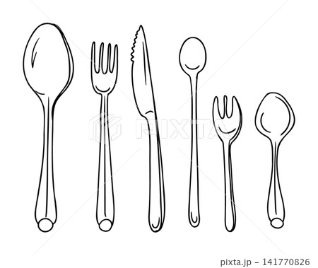 Line drawing of various cutlery including spoons, forks, and knives arranged in a row on a white background for culinary and dining design purposes Line drawing of various cutlery including spoons, forks, and knives arranged in a row on a white background for culinary and dining design purposes 141770826