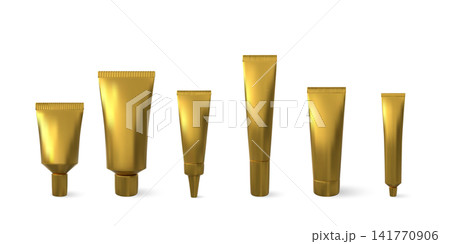 A set of golden cosmetic tubes, full and capped, in various sizes and shapes. A set of golden cosmetic tubes, full and capped, in various sizes and shapes. 141770906