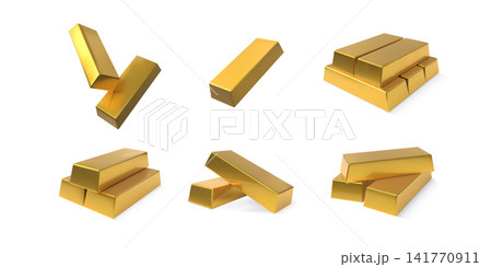 Realistic 3D golden bar vector icons set, ingot of gold, bullion bricks, banking business, currency investment, treasury 141770911