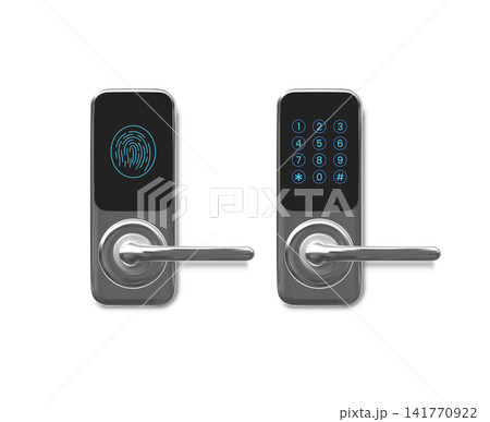 A set of modern electronic smart locks with biometric and code handles. 141770922