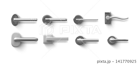A set of silver-colored metal door handles with a lever mechanism in various shapes. A set of silver-colored metal door handles with a lever mechanism in various shapes. 141770925