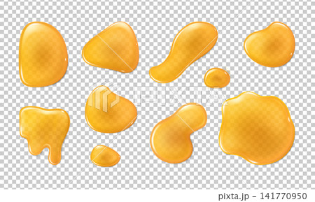 Honey drop 3D realistic vector illustrations set, yellow melt honey syrup, natural nectar, gold splash sweet liquid leak Honey drop 3D realistic vector illustrations set, yellow melt honey syrup, natural nectar, gold splash sweet liquid leak 141770950