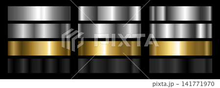 A set of silver, gold and black metallic gradients. Vector collection of metal gradients for chrome button, brass, ribbon, metal frame border, label design A set of silver, gold and black metallic gradients. Vector collection of metal gradients for chrome button, brass, ribbon, metal frame border, label design 141771970
