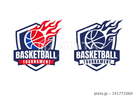 Modern Flaming Basketball Shield Tournament Emblem Logo with Dynamic Sports Badge Vector Design 141772060