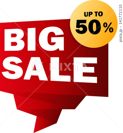3D red folded ribbon Big Sale banner template with up to 50 percent off badge badge layout for retail shopping promo discount offer design 141772110