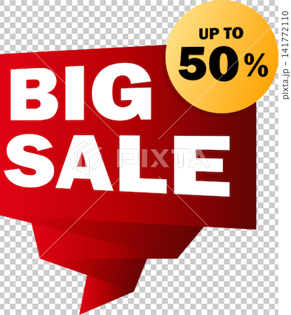 3D red folded ribbon Big Sale banner template with up to 50 percent off badge badge layout for retail shopping promo discount offer design 141772110