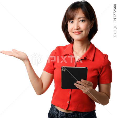 Asian woman holding tablet red shirt with open hand isolated on transparent background for business presentation and digital communication concept Asian woman holding tablet red shirt with open hand isolated on transparent background for business presentation and digital communication concept 141772360