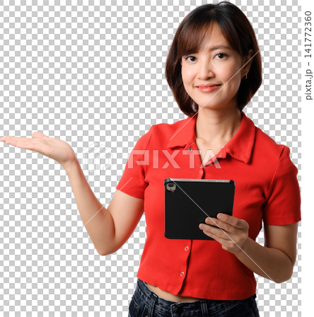 Asian woman holding tablet red shirt with open hand isolated on transparent background for business presentation and digital communication concept Asian woman holding tablet red shirt with open hand isolated on transparent background for business presentation and digital communication concept 141772360