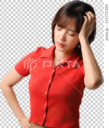 Asian woman red shirt portrait isolated headache tired expression, touching head against transparent background for health concept Asian woman red shirt portrait isolated headache tired expression, touching head against transparent background for health concept 141772369