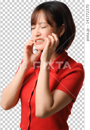 Asian woman, red shirt, toothache, jaw pain, closed eye and tense facial expression, isolated against transparent background Asian woman, red shirt, toothache, jaw pain, closed eye and tense facial expression, isolated against transparent background 141772370