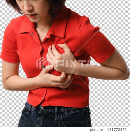 Asian woman red shirt chest pain portrait torso discomfort clutching chest showing concern through tense gesture within isolated studio Asian woman red shirt chest pain portrait torso discomfort clutching chest showing concern through tense gesture within isolated studio 141772373