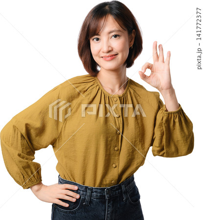 Asian woman portrait smile gesture blouse isolated transparent background showing confident expression and friendly hand sign for communication 141772377