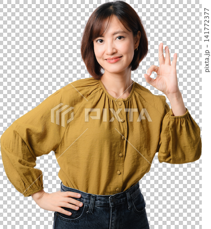 Asian woman portrait smile gesture blouse isolated transparent background showing confident expression and friendly hand sign for communication 141772377