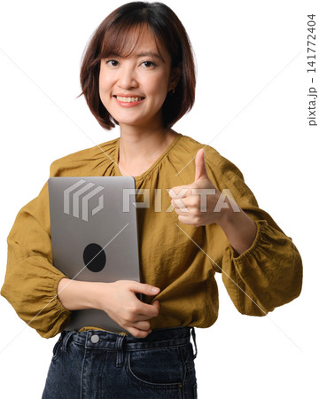 Asian woman laptop thumb up office portrait isolated, smiling professional holding computer against transparent background for commercial concept Asian woman laptop thumb up office portrait isolated, smiling professional holding computer against transparent background for commercial concept 141772404