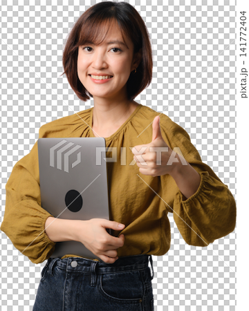 Asian woman laptop thumb up office portrait isolated, smiling professional holding computer against transparent background for commercial concept Asian woman laptop thumb up office portrait isolated, smiling professional holding computer against transparent background for commercial concept 141772404